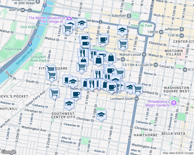 map of restaurants, bars, coffee shops, grocery stores, and more near 1812 Pine Street in Philadelphia