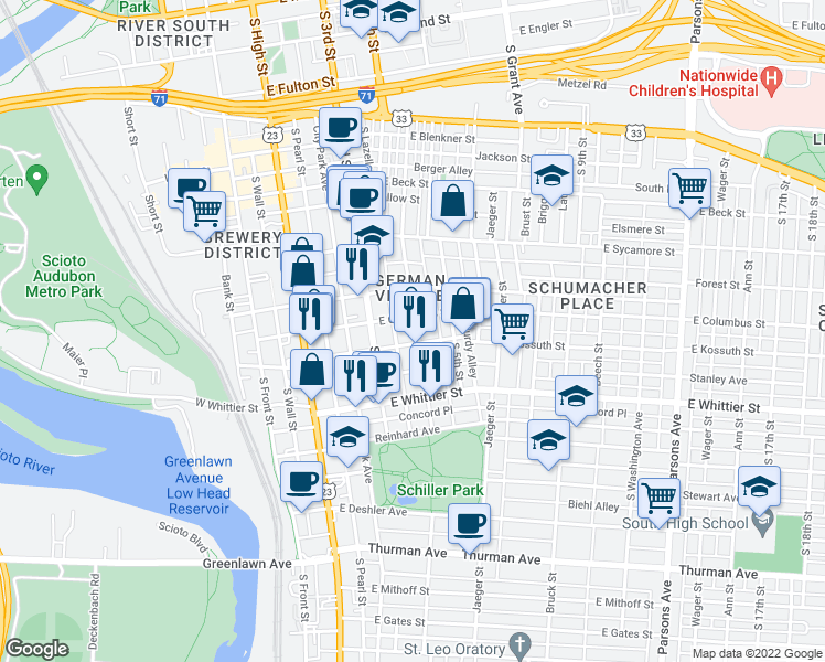 map of restaurants, bars, coffee shops, grocery stores, and more near 795 Mohawk Street in Columbus