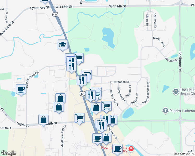 map of restaurants, bars, coffee shops, grocery stores, and more near 4115 Weston Pointe Drive in Zionsville