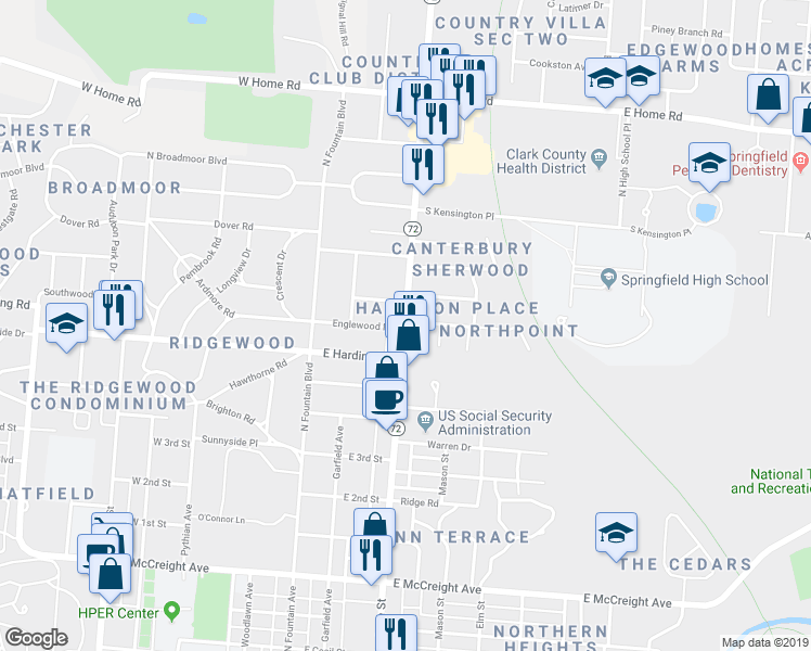 map of restaurants, bars, coffee shops, grocery stores, and more near 1743 North Limestone Street in Springfield