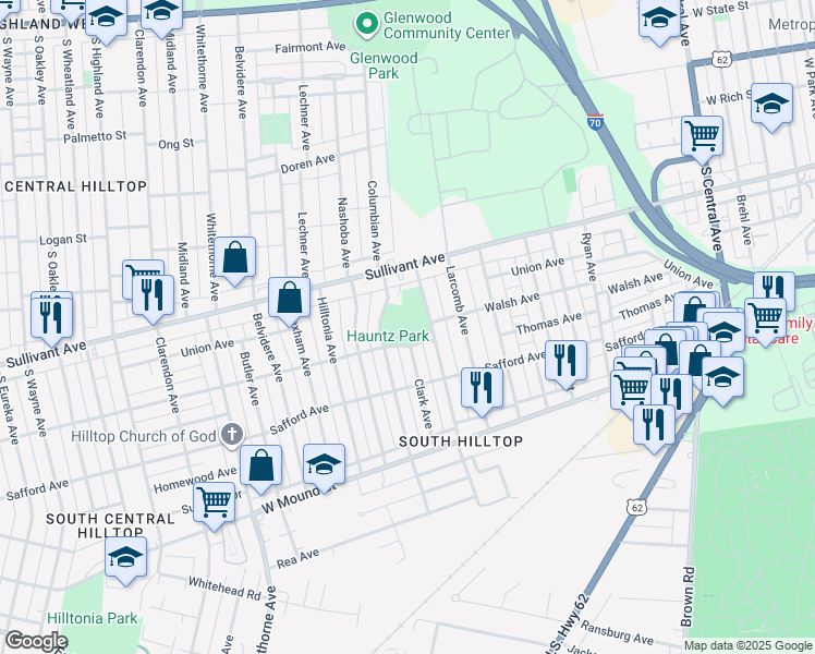 map of restaurants, bars, coffee shops, grocery stores, and more near 480 Columbian Avenue in Columbus
