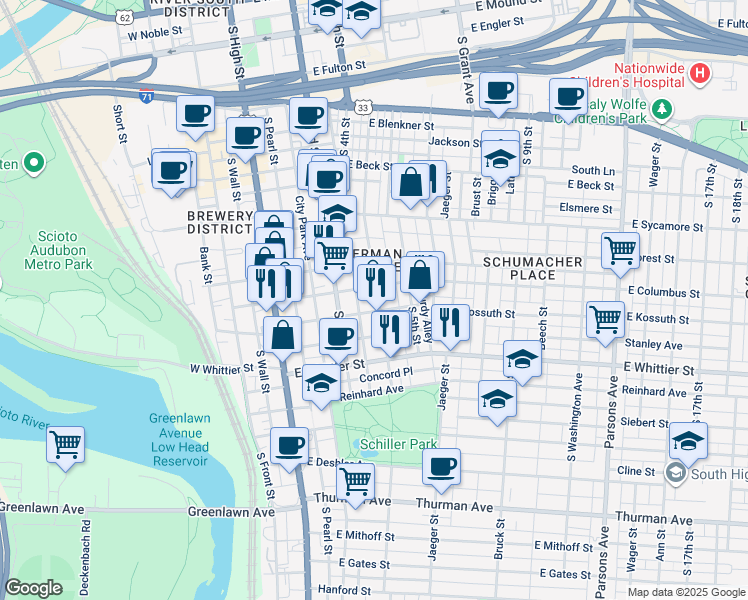 map of restaurants, bars, coffee shops, grocery stores, and more near 795 Mohawk Street in Columbus