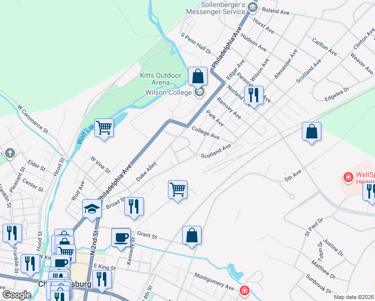 map of restaurants, bars, coffee shops, grocery stores, and more near 220 Kenwood Road in Chambersburg