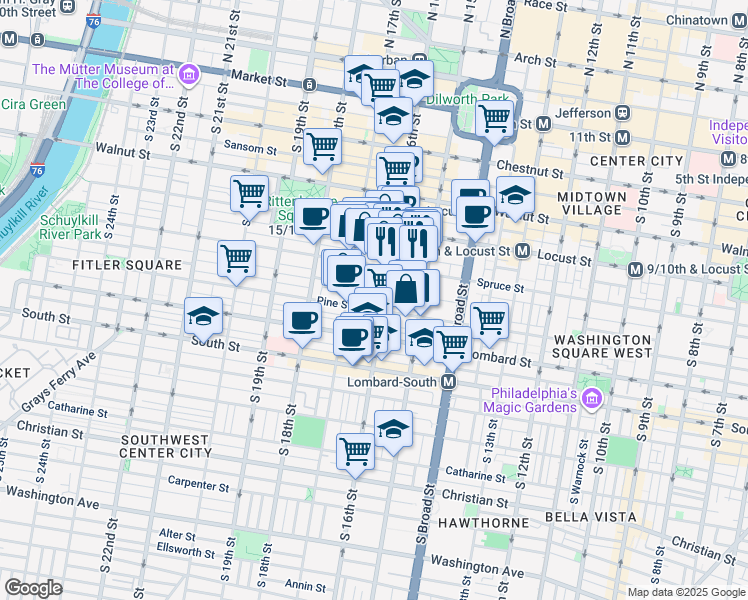 map of restaurants, bars, coffee shops, grocery stores, and more near 341 South Smedley Street in Philadelphia