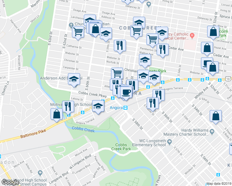 map of restaurants, bars, coffee shops, grocery stores, and more near 943 South 58th Street in Philadelphia