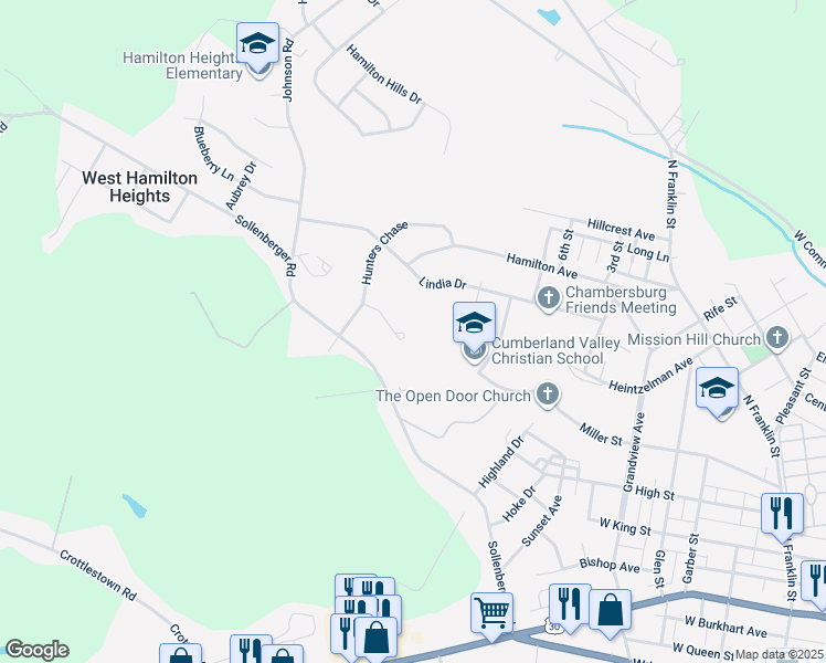 map of restaurants, bars, coffee shops, grocery stores, and more near 811 Burdock Ct in Chambersburg