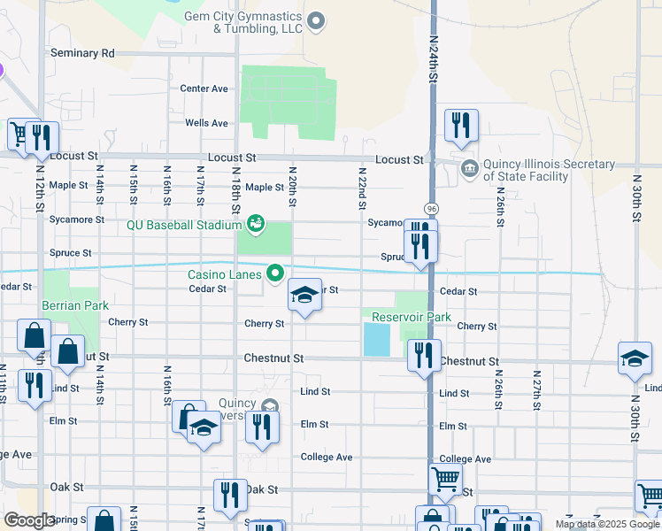 map of restaurants, bars, coffee shops, grocery stores, and more near 2028 Spruce Street in Quincy