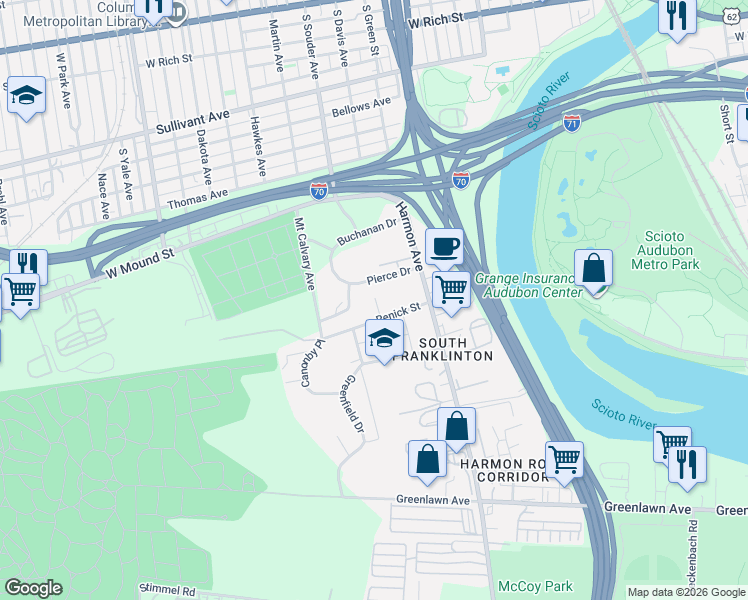 map of restaurants, bars, coffee shops, grocery stores, and more near 553 South Souder Avenue in Columbus