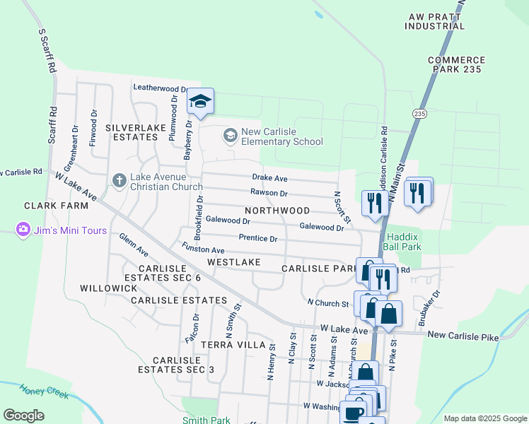 map of restaurants, bars, coffee shops, grocery stores, and more near 304 Fenwick Drive in New Carlisle