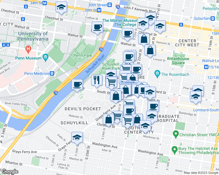 map of restaurants, bars, coffee shops, grocery stores, and more near 2505 Naudain Street in Philadelphia
