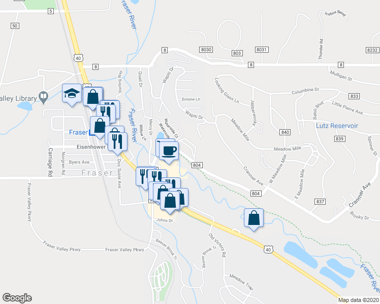 map of restaurants, bars, coffee shops, grocery stores, and more near 261 Meadow Ridge Rd in Fraser