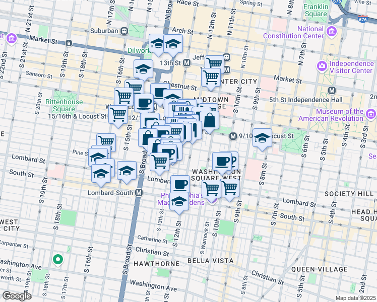 map of restaurants, bars, coffee shops, grocery stores, and more near 1202 Spruce Street in Philadelphia