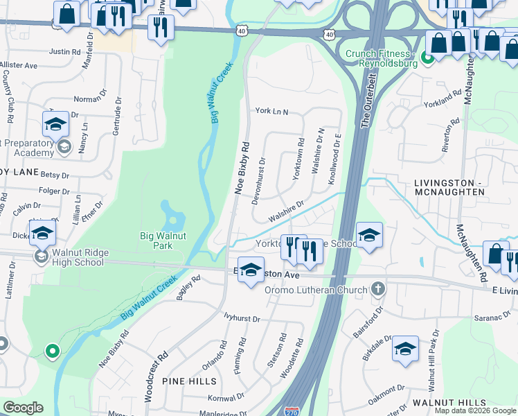 map of restaurants, bars, coffee shops, grocery stores, and more near 5419 York Lane South in Columbus