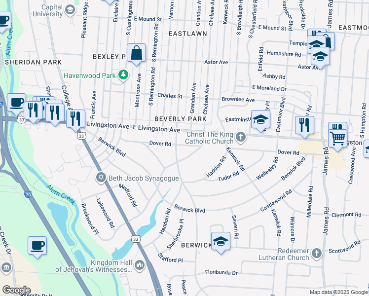 map of restaurants, bars, coffee shops, grocery stores, and more near 2585 Dover Road in Columbus
