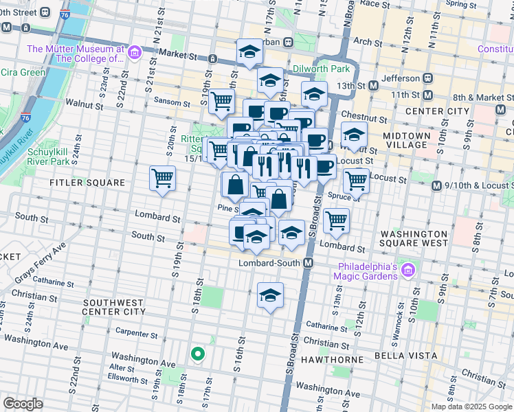 map of restaurants, bars, coffee shops, grocery stores, and more near 341 South Smedley Street in Philadelphia