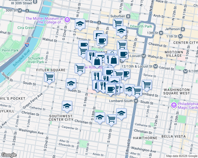 map of restaurants, bars, coffee shops, grocery stores, and more near S 18th St & Pine St in Philadelphia