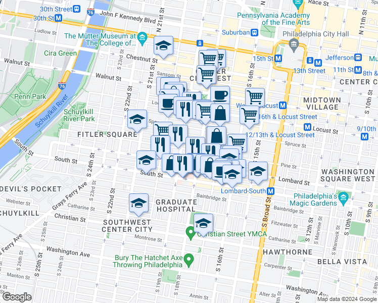 map of restaurants, bars, coffee shops, grocery stores, and more near 1820 Pine Street in Philadelphia