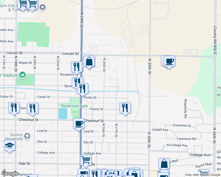 map of restaurants, bars, coffee shops, grocery stores, and more near 2618 Spruce Street in Quincy