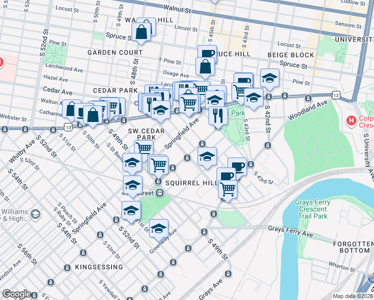 map of restaurants, bars, coffee shops, grocery stores, and more near in Philadelphia