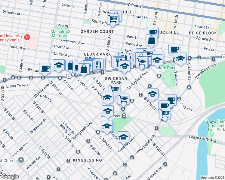 map of restaurants, bars, coffee shops, grocery stores, and more near 4817 Windsor Avenue in Philadelphia