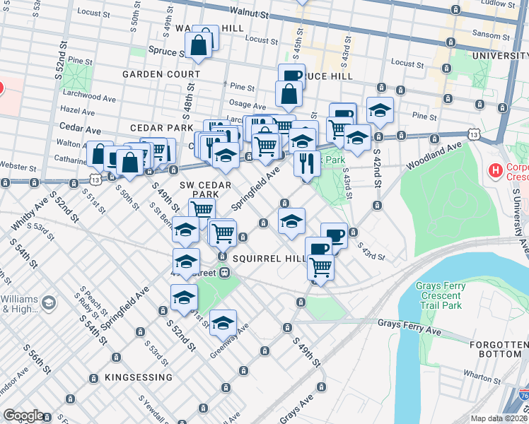 map of restaurants, bars, coffee shops, grocery stores, and more near 4619 Chester Avenue in Philadelphia