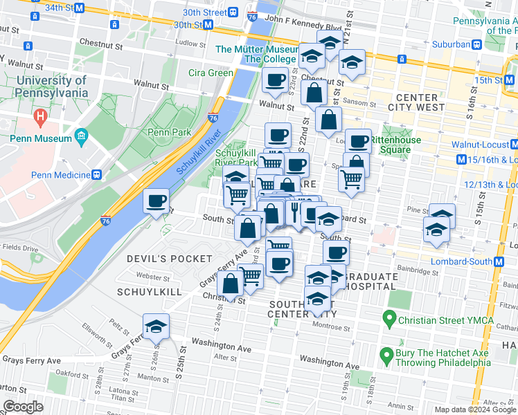 map of restaurants, bars, coffee shops, grocery stores, and more near 2322 Lombard Street in Philadelphia