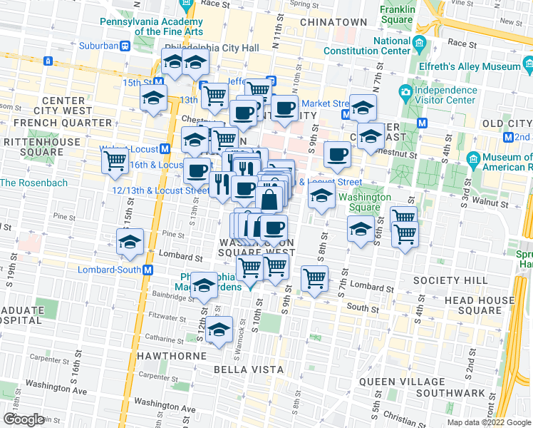 map of restaurants, bars, coffee shops, grocery stores, and more near 1011 Spruce Street in Philadelphia