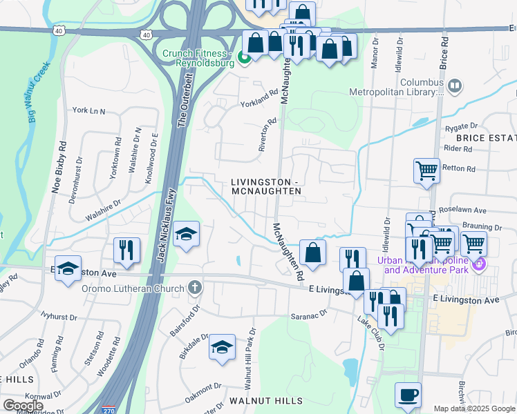 map of restaurants, bars, coffee shops, grocery stores, and more near 1603 Hallworth Court in Columbus