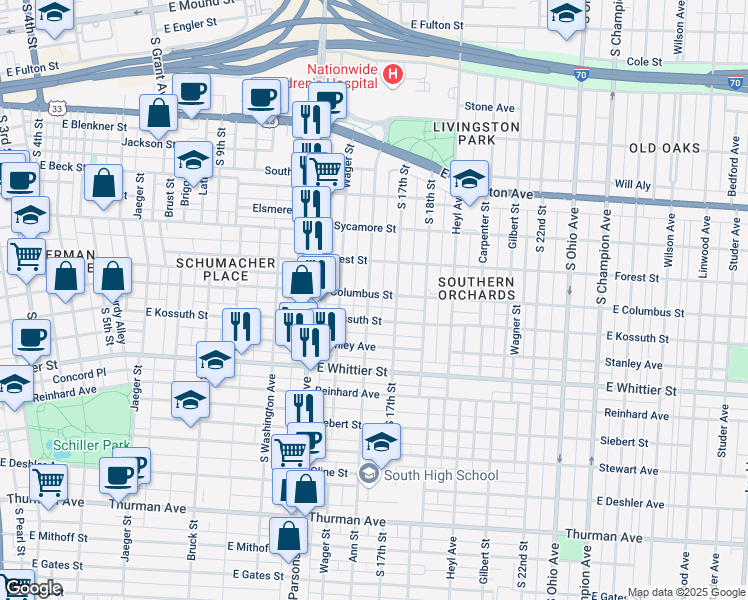 map of restaurants, bars, coffee shops, grocery stores, and more near 860 Ann Street in Columbus