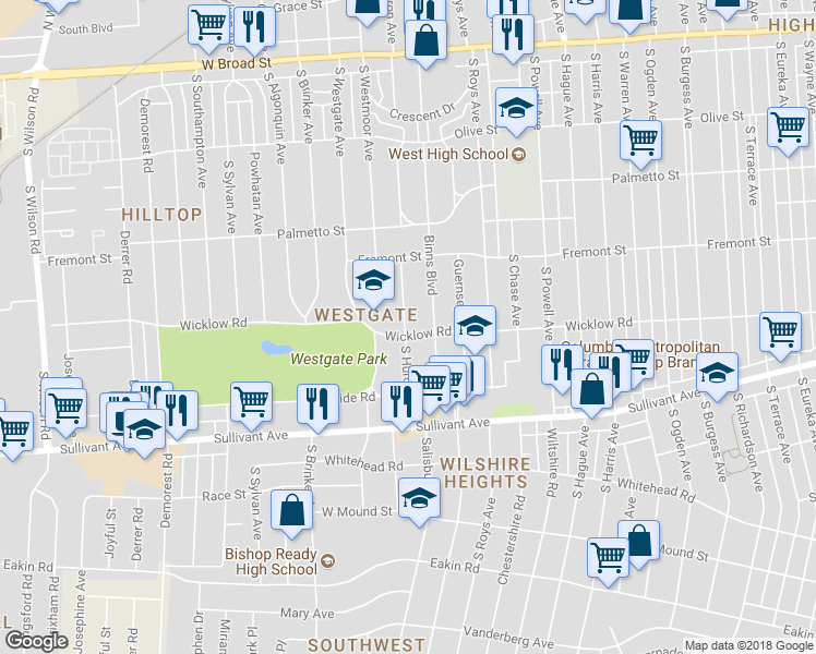 map of restaurants, bars, coffee shops, grocery stores, and more near 386 South Huron Avenue in Columbus