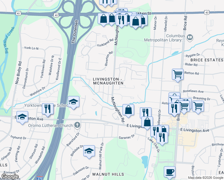 map of restaurants, bars, coffee shops, grocery stores, and more near 1589 McNaughten Road in Columbus
