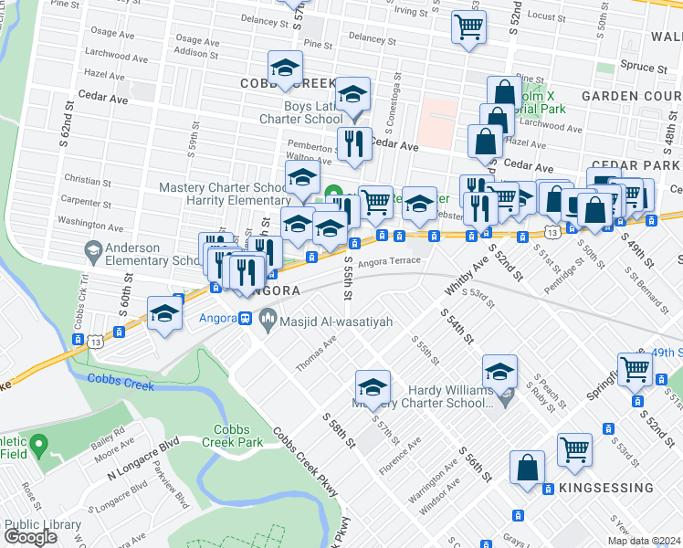 map of restaurants, bars, coffee shops, grocery stores, and more near 5504 Angora Terrace in Philadelphia