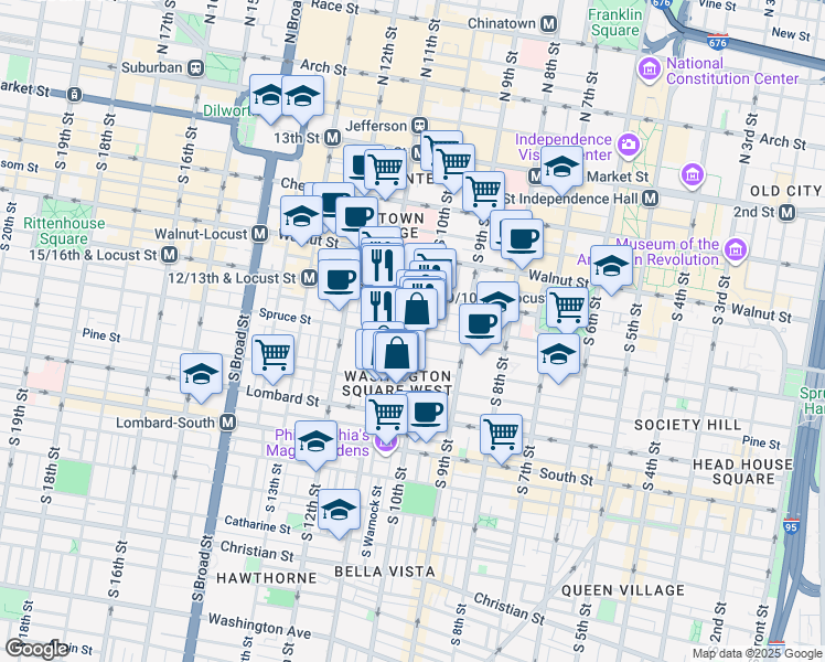 map of restaurants, bars, coffee shops, grocery stores, and more near 1011 Spruce Street in Philadelphia