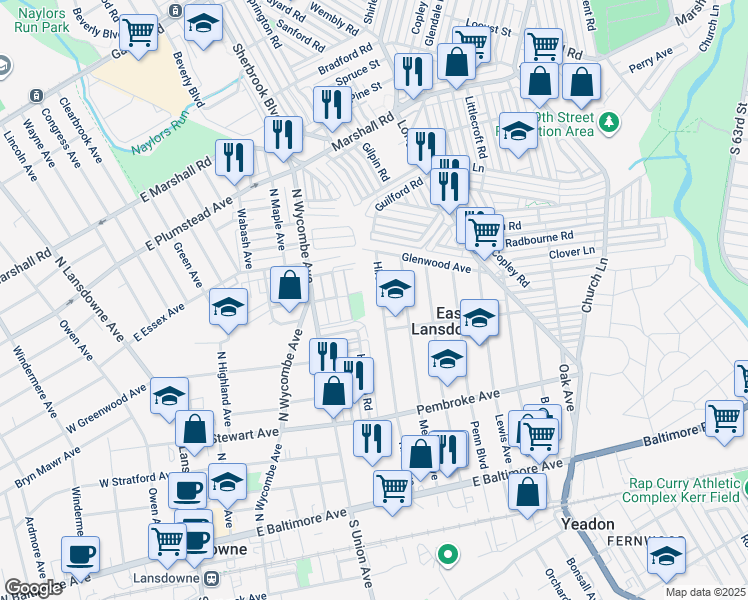 map of restaurants, bars, coffee shops, grocery stores, and more near 230 Hirst Avenue in East Lansdowne