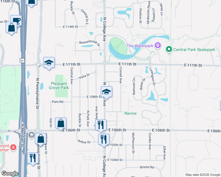 map of restaurants, bars, coffee shops, grocery stores, and more near 10915 College Place Drive in Indianapolis