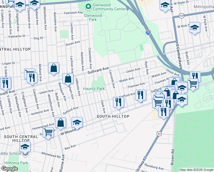map of restaurants, bars, coffee shops, grocery stores, and more near 486 Woodbury Avenue in Columbus