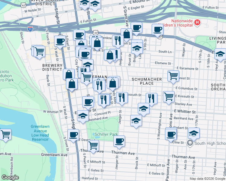 map of restaurants, bars, coffee shops, grocery stores, and more near 220 East Kossuth Street in Columbus