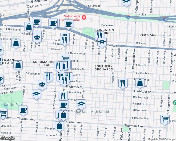 map of restaurants, bars, coffee shops, grocery stores, and more near 701 East Columbus Street in Columbus