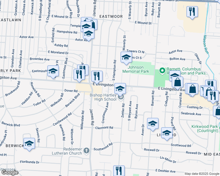 map of restaurants, bars, coffee shops, grocery stores, and more near 1212 Crestwood Avenue in Columbus