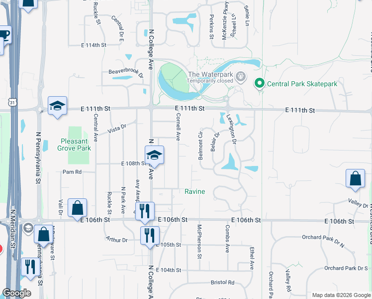 map of restaurants, bars, coffee shops, grocery stores, and more near 10943 Cornell Street in Indianapolis
