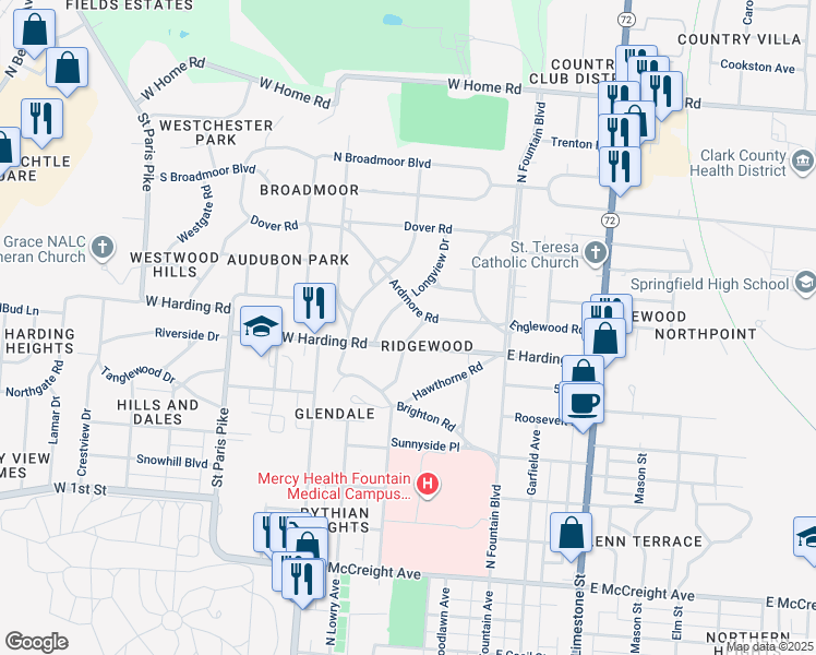 map of restaurants, bars, coffee shops, grocery stores, and more near 1719 Midvale Road in Springfield