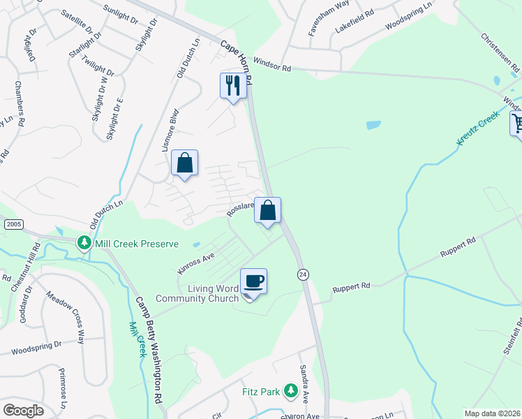 map of restaurants, bars, coffee shops, grocery stores, and more near 2410 Cape Horn Road in York