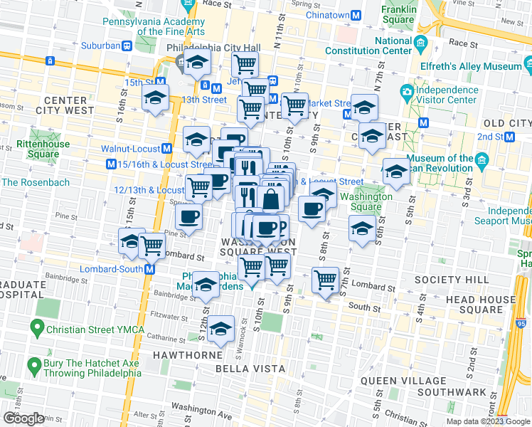map of restaurants, bars, coffee shops, grocery stores, and more near 1015 Spruce Street in Philadelphia