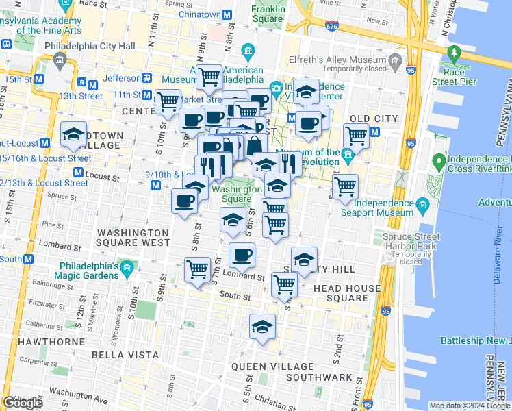 map of restaurants, bars, coffee shops, grocery stores, and more near 241 South 6th Street in Philadelphia