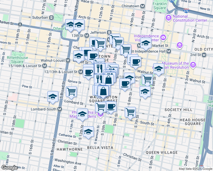map of restaurants, bars, coffee shops, grocery stores, and more near 1015 Spruce Street in Philadelphia