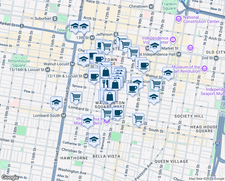 map of restaurants, bars, coffee shops, grocery stores, and more near 1017 Spruce Street in Philadelphia