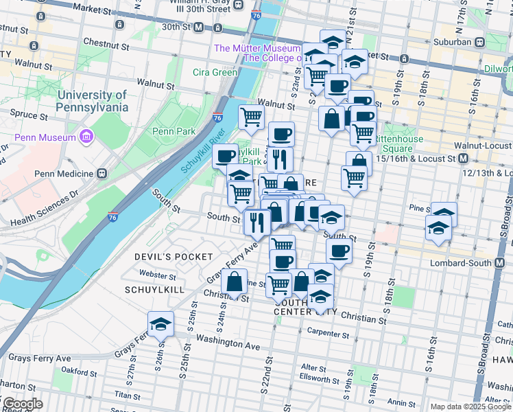 map of restaurants, bars, coffee shops, grocery stores, and more near 502 South 24th Street in Philadelphia