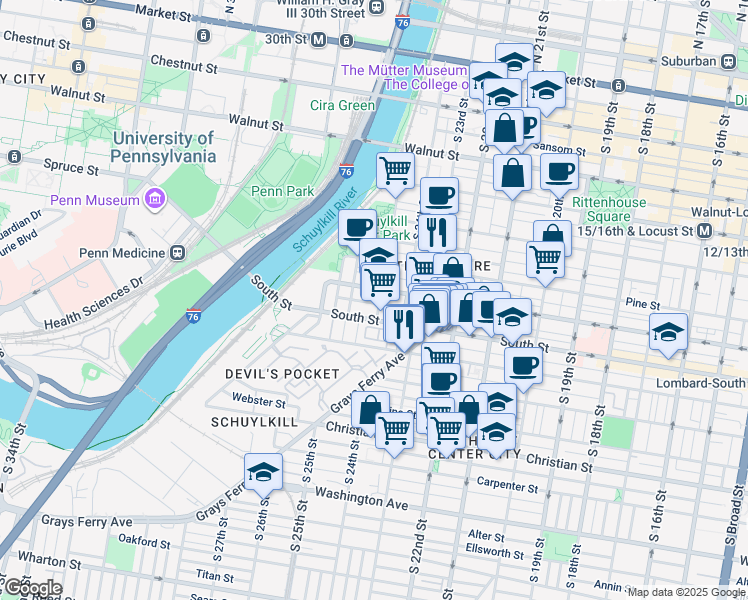 map of restaurants, bars, coffee shops, grocery stores, and more near 2505 Naudain Street in Philadelphia