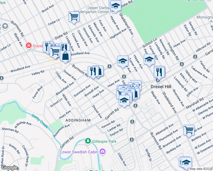 map of restaurants, bars, coffee shops, grocery stores, and more near 3815 Huey Avenue in Upper Darby