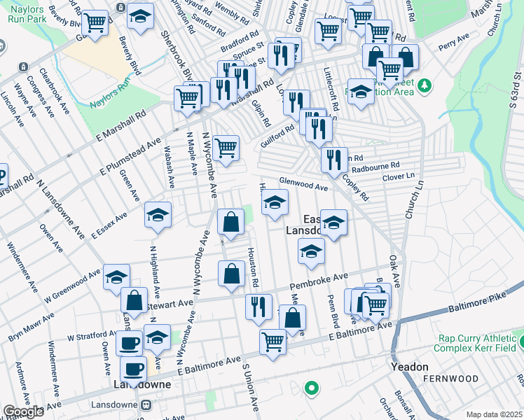 map of restaurants, bars, coffee shops, grocery stores, and more near 230 Hirst Avenue in East Lansdowne